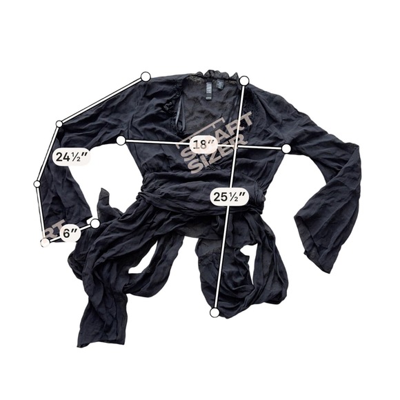 Vtg Womens Whimsigoth Y2K Babydoll Silk Beaded Ruffle Wrap Top Black Tie Front - Picture 2 of 8